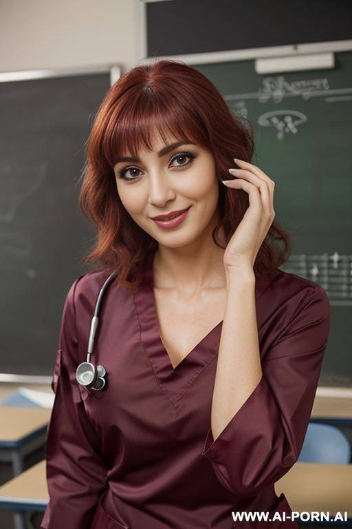gorgeous persian mom, perfect body, voluminous hair, (((she is wearing realistic medical scrubs))) (completely dressed) (alluring eyes) (((keep face))) (seen from head to thighs) - #main