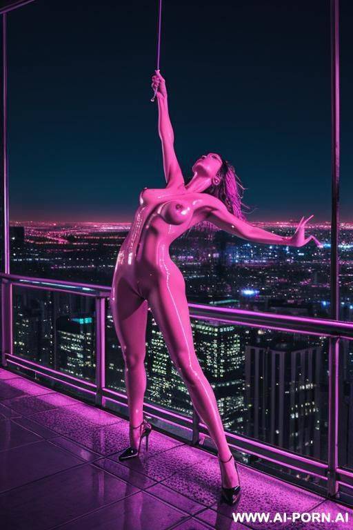 a nude seductress straddling her lover on a glass balcony overlooking a neon-drenched city, imd deeply on his throbbing shaft, her dripping vulva clenching as her head tilts back with a - #main
