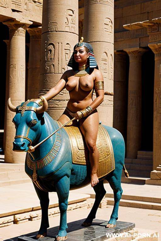 ancient naked chubby egyptian living male temple servant rides on a stone sculpture of a bull - #main