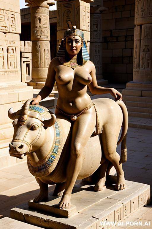 ancient naked chubby egyptian female temple servant with m soft skin rides with spreaded legs on a stone sculpture of a bull - #main