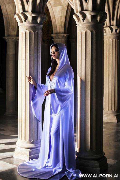 (closeup) (famous fictional wizard castle) (famous fictional smart wizard woman) (transparent wizard robes) (attempting to hide behind column) - #main