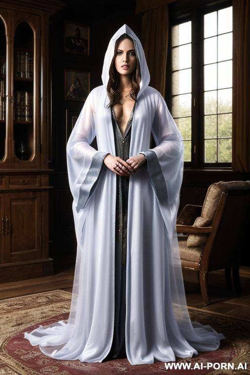 (closeup) (famous fictional wizard castle) (famous fictional smart wizard woman) (transparent wizard robes) (attempting to hide behind furniture) - #main