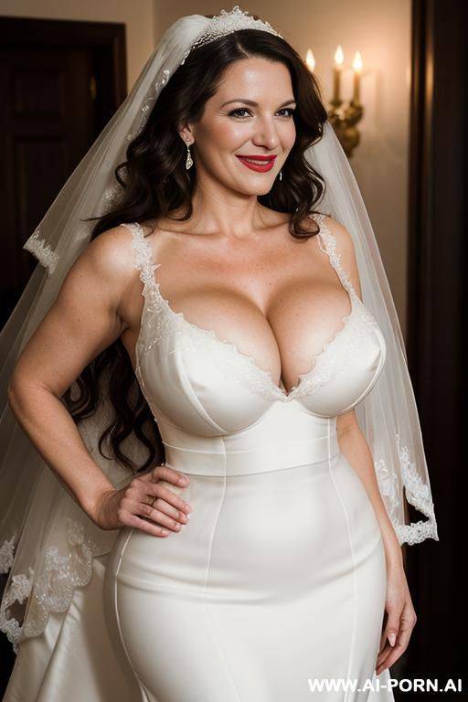 (((wide hips))) rounded, ((hourglass)) body, narrow waist, (side view), deep cleavage, natural beauty, nice smile, curly long hair, tight belly, lipstick. - #main