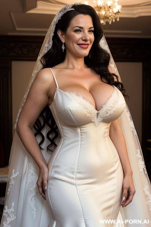 (((wide hips))) rounded, ((hourglass)) body, narrow waist, , (side view, eye contact), (gigantic boobs), deep cleavage, natural beauty, nice smilecurly long hair, tight belly, lipstick. - #main