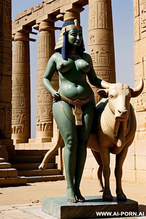 naked chubby egyptian female temple servant with spreaded legs on a stone sculpture of a bull - #main