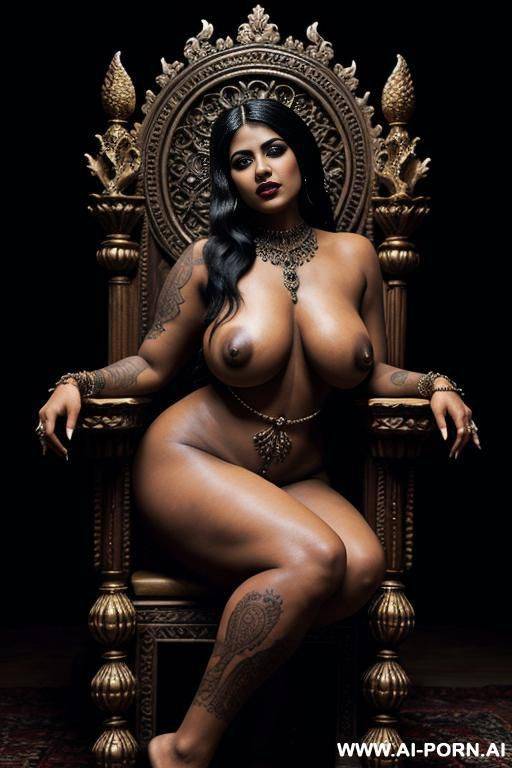 artistic nude photo of a 1 indian voluptuous woman, big breasts, sitting on an ornate throne in an inviting pose, tattoos intricately covering her body, vampire features including prominent fangs - #main