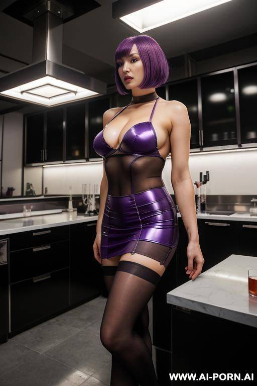 asian woman woman in black bob haircut exposed forehead, big breast, no wearing bra and wearing black underwear in black full pantyhose in bedroom night, bukake, cumshot - #main