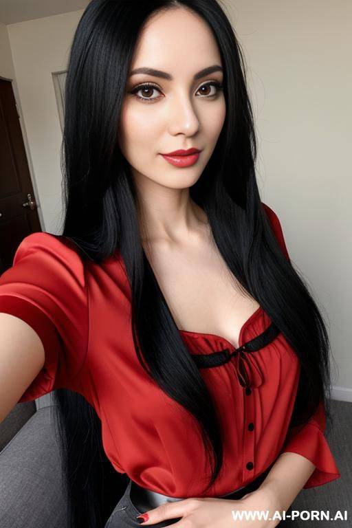 woman long hair blouse red selfie - #main