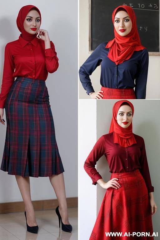 lesbians at (a and a teacher), a teacher in a hijab, in a red shirt and a long skirt, with gorgeous shapes and sexy looks with red lips and blue eyes. a without a hijab, in a shirt and a plaid skirt - #main