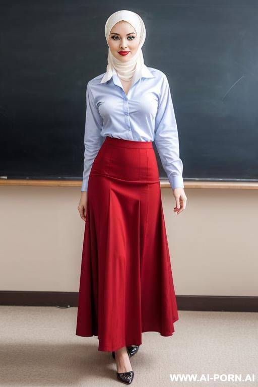 lesbians (a and a teacher), a teacher in hijab a red shirt and a long skirt with gorgeous shapes and sexy looks with red lips and blue eyes. a white in a shirt and a plaid skirt - #main