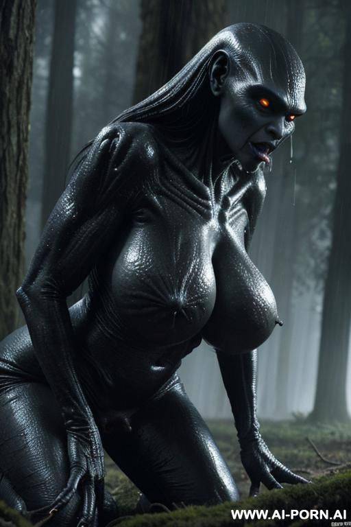 two characters in the picture: woman and monster (extraterrestrial creature) (male) (fictional image); night, totally darkness (very dark) (almost pitch black), downpour; big extraterrestrial creature - #main