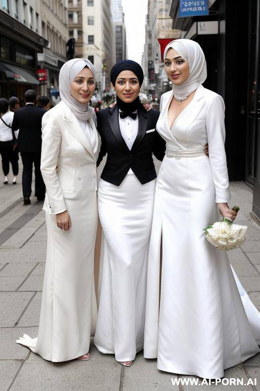 two lesbian womans in hijabs, on the street, the first woman in a tuxedo, the second woman in a white wedding dress with a ring on her finger and look at the camera - #main