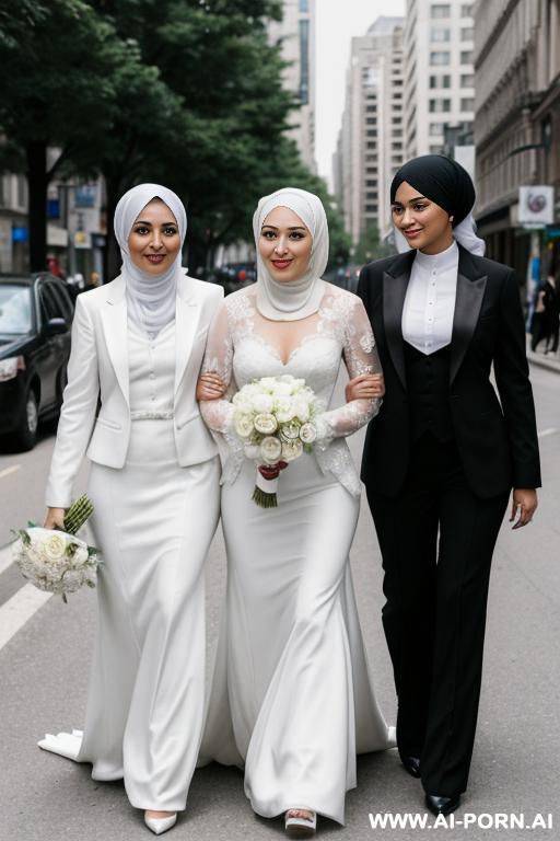 two lesbian womans in hijabs, on the street, the first woman in a black tuxedo, the second woman in a white wedding dress with a ring on her finger - #main