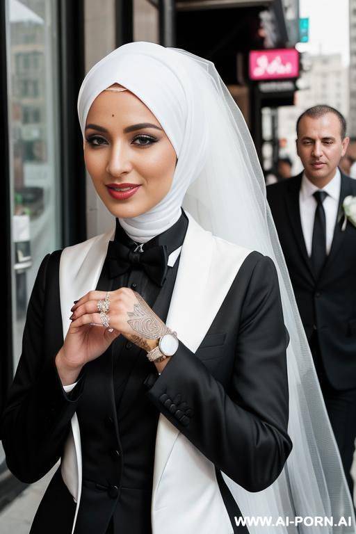 lesbian in hijabs, on the street, the first woman in a black tuxedo, the second woman in a white wedding dress with a ring on her finger - #main