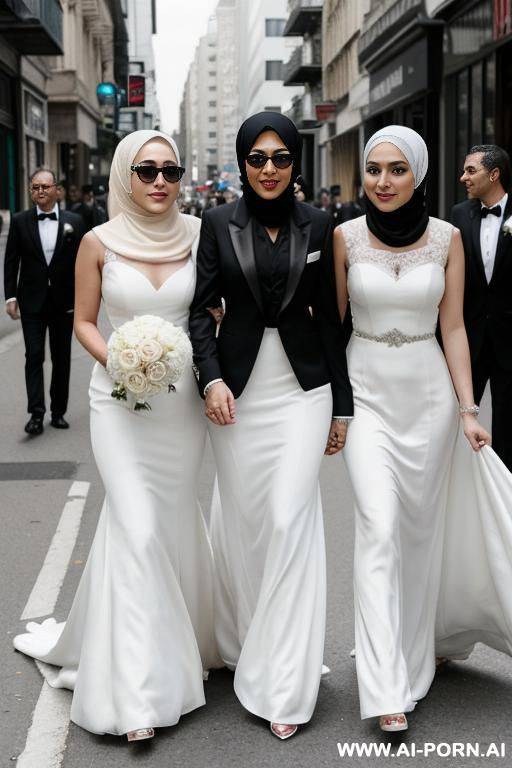 lesbian womans in hijabs, on the street, the first woman in a black tuxedo, the second woman in a white wedding dress with a ring on her finger - #main