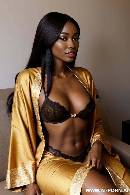 realistic kongo woman, happy, beautiful natural boobs, beautiful natural body, ochre royal african robes, brown royal african lingerie, in a harem, on a couch - #main