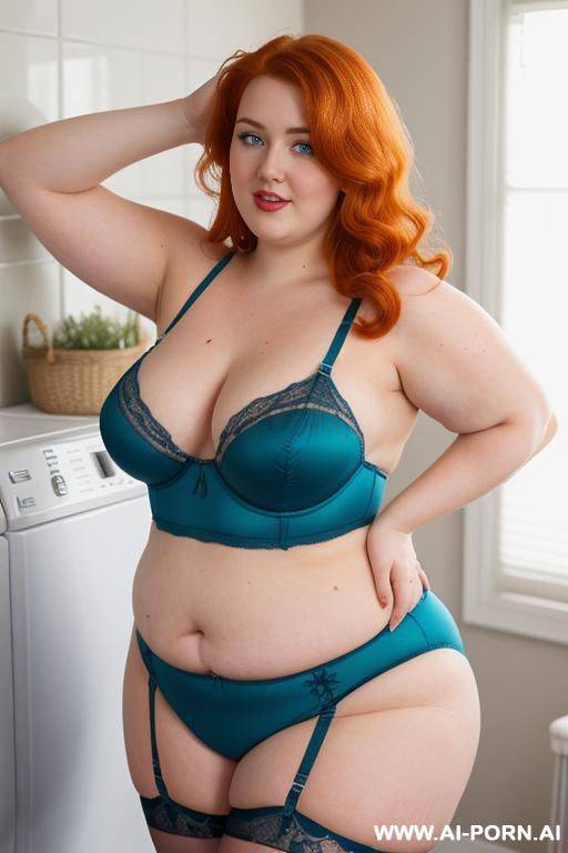 half-length photo, ((half body photo shot close up)). as a set in the laundry area, a (((very big and obese))) fat chubby fat thick and bbw redhead british, ((she is washing clothes)). she - #main