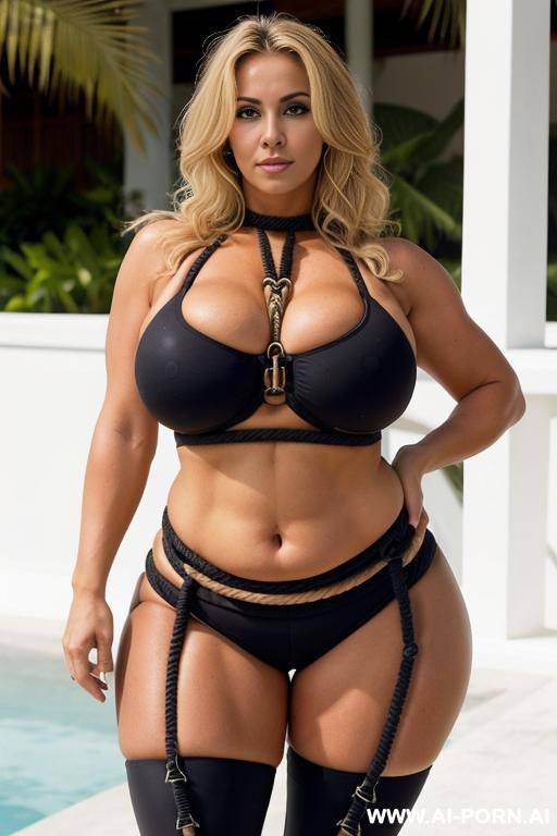 sexy bimbo milf, aged milf, matured milf, thot, ultra thicc, tanned skin, sun tan skin, bulked up thighs, tight sport shorts, tight shirt, extremely gigantic boobs, (((rope bondage))) - #main