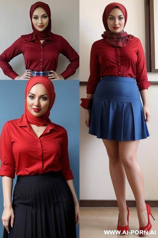 lesbians at (a and a teacher), a teacher in a hijab, in a red shirt and a long skirt, with gorgeous shapes and sexy looks with red lips and blue eyes. a without a hijab, in a shirt and a plaid skirt - #main