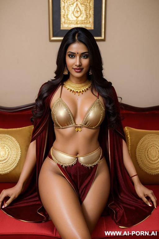 realistic indian woman, happy, beautiful natural boobs, beautiful natural body, dark red royal indian robes, yellow-gold royal indian lingerie, in a harem, on a couch - #main