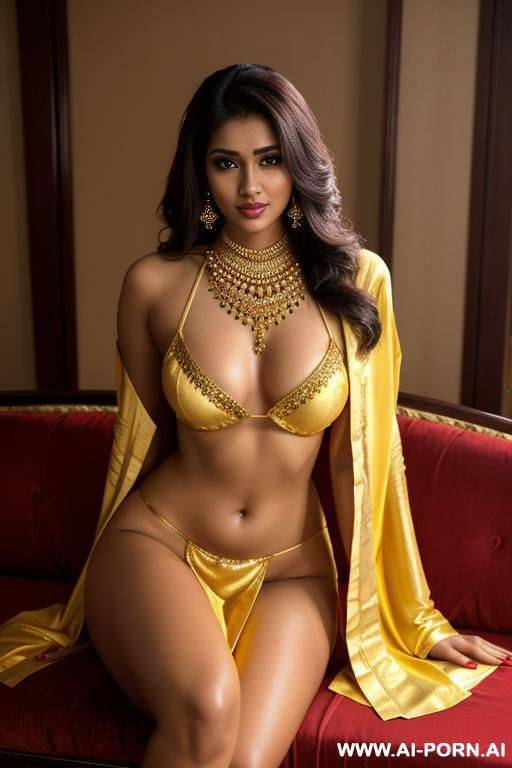 realistic indian woman, happy, beautiful natural boobs, beautiful natural body, red royal indian robes, yellow-gold royal indian lingerie, in a harem, on a couch - #main