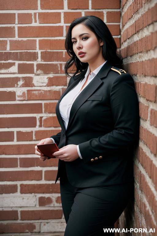 a very plump woman in an open socialist uniform leaning against a brick wall masturbating. - #main