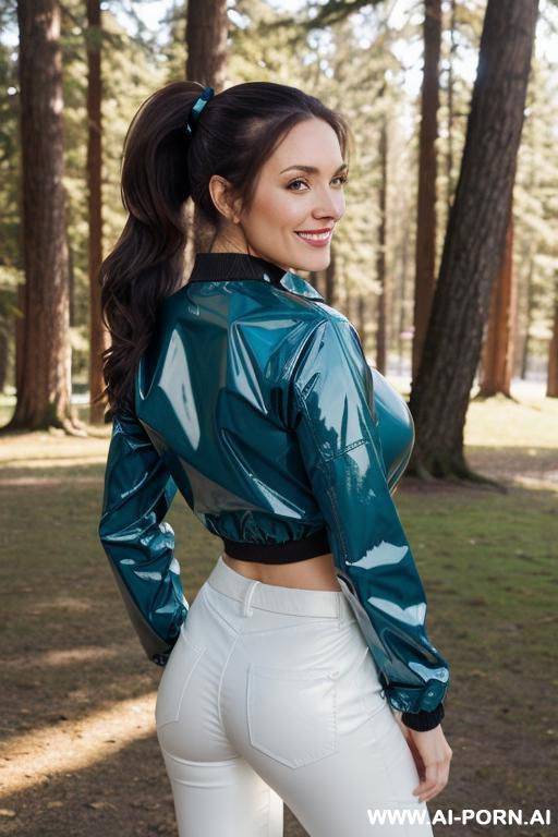 beautiful woman, canadian, long brunette hair, ponytail, medium hight, turquoise latex jacket, white pants, with campground in background, smiling, sunshine, round face, black boots - #main
