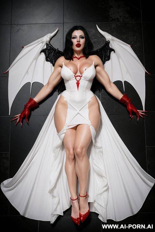 vampire woman, skin, red eyes, red lips, giant claws on hand, giant feet claw, big fangs, damaged wings, big sized wings, wings like light cloth, lying in floor, chained ankles, sexy body, muscle body, ragged white wedding dress, knees on floor - #main