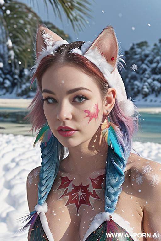 face, sexy, beautiful, ((face painting)), ((bikini as seashell)), ((tattoo roses)), ((eyes shw)), ((angel wings)), ((rainbow hair)), ((long bu hair)), ((wind)), (( cat face)), (( cat ears)), (((feather - #main