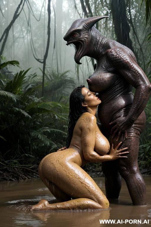 two characters in the picture: woman and monster (extraterrestrial creature); tropical jungle, heavy rainstorm (a lot of water around); big extraterrestrial creature (very impressive) ((looks terrible)), - #main
