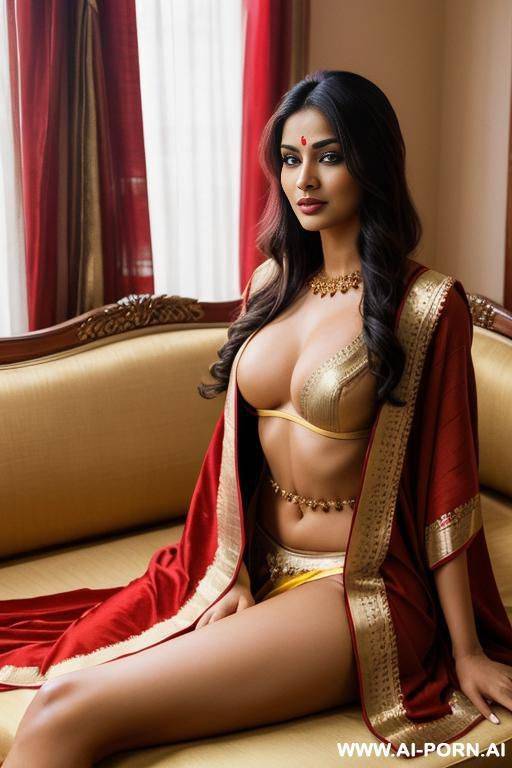 realistic indian woman, happy, beautiful natural boobs, beautiful natural body, red royal indian robes, red and yellow-gold royal lingerie, in a harem, on a couch - #main