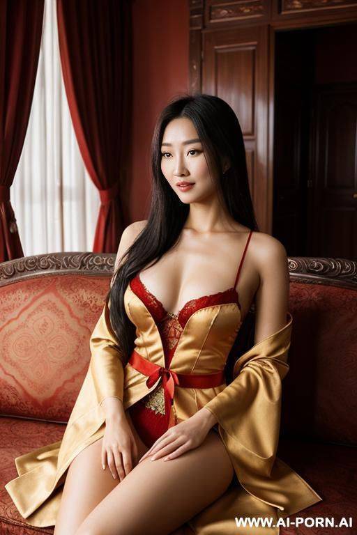realistic mongolian woman, happy, beautiful natural boobs, beautiful natural body, ochre royal robes, red royal lingerie, in a harem, on a couch - #main