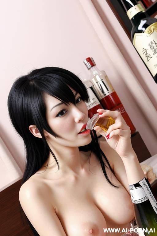 drunk woman, tipsy face, anime style, drinking, naked, masturbation, bottle, - #main