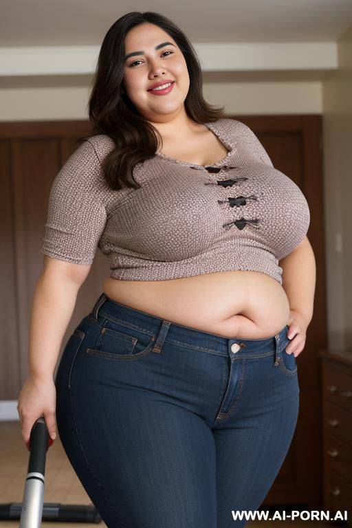 mexican, big nose, wide hips, long hair, tight clothes, extra thicc, extra chubby, hands on hips, vacuuming - #main