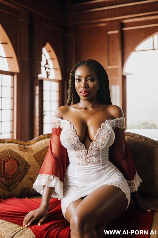 realistic west african woman, happy, beautiful natural boobs, beautiful natural body, light red royal african robes, white royal african lingerie, in a harem, on a couch - #main