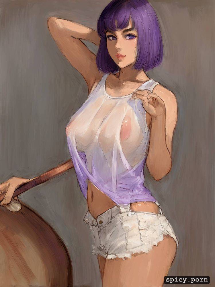 style acrylic, 3dt, drummer, highres, pretty naked female, purple eyes - #main