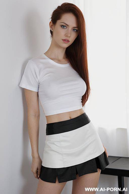 (((wearing a short black skirt and a white t-shirt))), (((side swept hair))), (long hairs), - #main