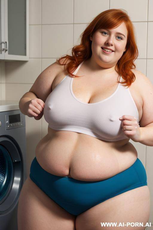 half-length photo, ((full body photo shot close up)). as a set in the laundry area, a (((obese))) fat chubby fat thick and bbw redhead british, ((she is washing clothes)). ((she has lovehandless)). she is wearing a ripped gym clothes - #main