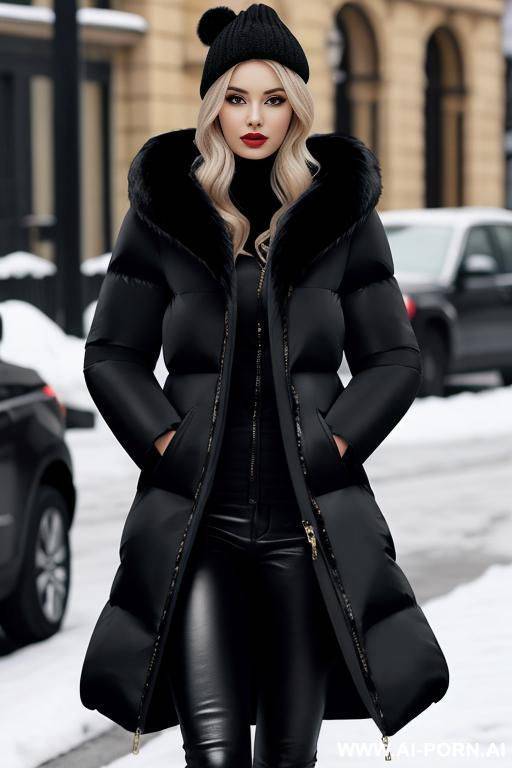 black puffer coat with fur hood, - #main