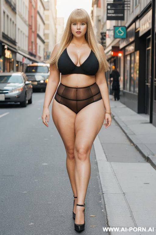chubby woman, long blonde hair with bangs, full body standing, triangular hips, thick thighs, wearing flare panties, walking through the city streets - #main