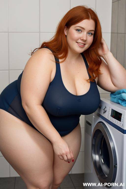 half-length photo, ((full body photo shot close up)). as a set in the laundry area, a (((chubby))) fat chubby fat thick and bbw redhead british, ((she is washing clothes)). ((she has lovehandless)). she is wearing a ripped gym clothes - #main