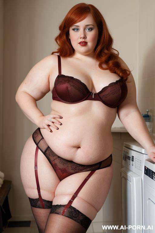 half-length photo, ((half body photo shot close up)). as a set in the laundry area, a (((very obese and big))) fat chubby fat thick and bbw redhead british, ((she is washing clothes)). she - #main