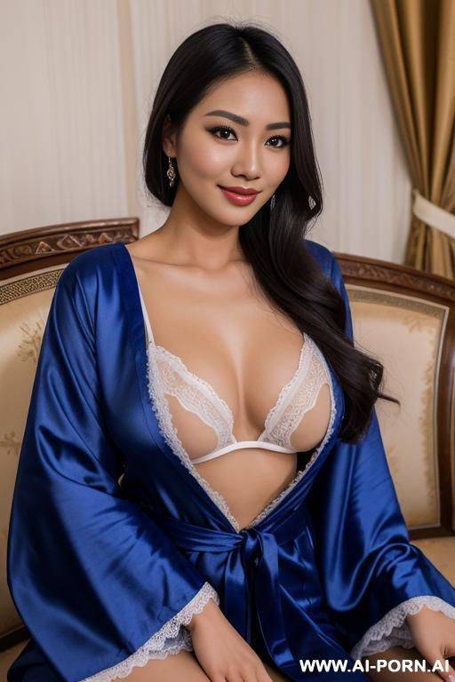 realistic burmese woman, happy, beautiful natural boobs, beautiful natural body, blue royal robes, white royal lingerie, in a harem, on a couch - #main