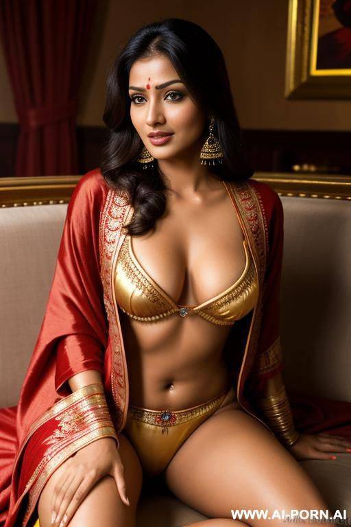 realistic indian woman, happy, beautiful natural boobs, beautiful natural body, red royal indian robes, red and yellow-gold royal lingerie, in a harem, on a couch - #main