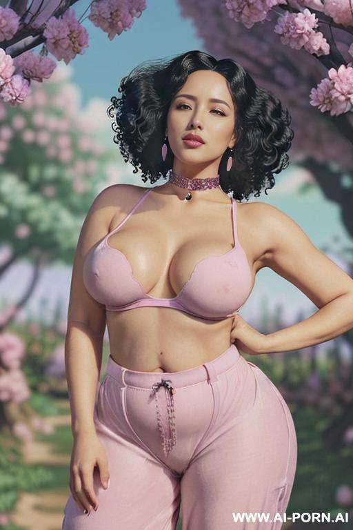((topless)), ((natural plump breasts), (pretty face), (wide hips), (soft seductive smile), (baggy pants), (choker) - #main