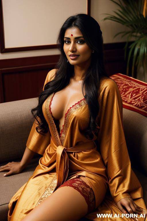 realistic indian woman, happy, beautiful natural boobs, beautiful natural body, red royal indian robes, ochre royal lingerie, in a harem, on a couch - #main