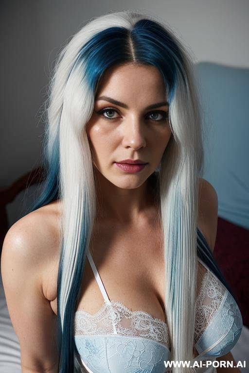((massive breasts)), wide hips, v-tappered abs, light muscle definition, thick voluminous hair, long wavy hair, (((white hair fade to blue hair))), seductive eyes, eye contact, (white lace lingerie), cleavage, sitting on bed - #main