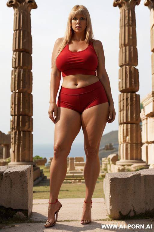 chubby woman, long blonde hair with bangs, full body, standing, wearing red yoga shorts, wearing tank top, greek ruins - #main