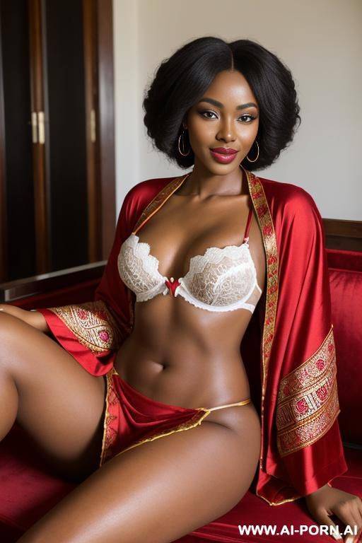 realistic west african woman, happy, beautiful natural boobs, beautiful natural body, red royal african robes, white and red royal african lingerie, in a harem, on a couch - #main