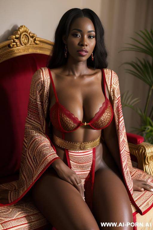 realistic west african woman, happy, beautiful natural boobs, beautiful natural body, red royal african robes, red and white royal african lingerie, in a harem, on a couch - #main